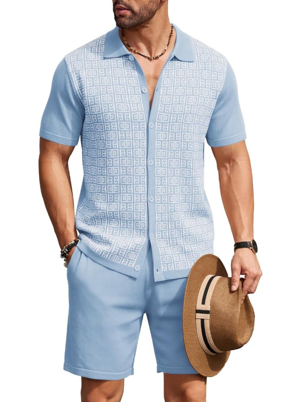 Coofandy Men's Blue & White Vintage Short Sleeve Button Down Knit Polo Shirts